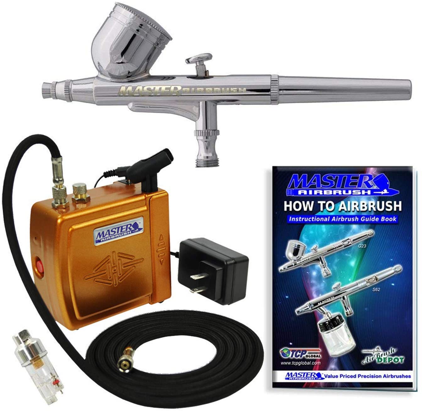 Master Airbrush Multi-Purpose Gold Airbrushing System Kit with Portable  Mini Air Compressor Gravity Feed Dual Action Airbrush, Hose,  How-To-Airbrush